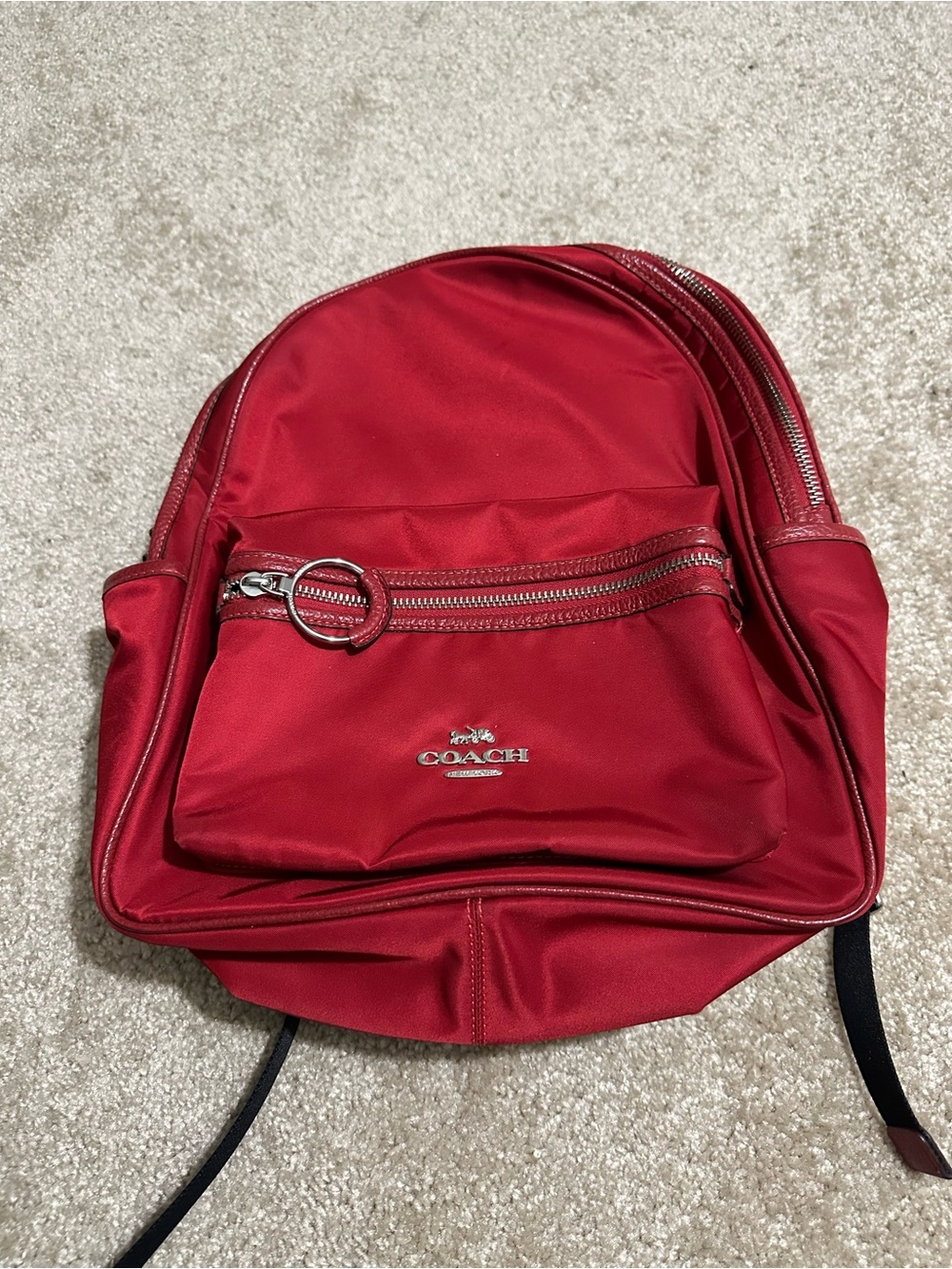 Coach Red Nylon Backpack with Front Zip Pocket and Ring Pull